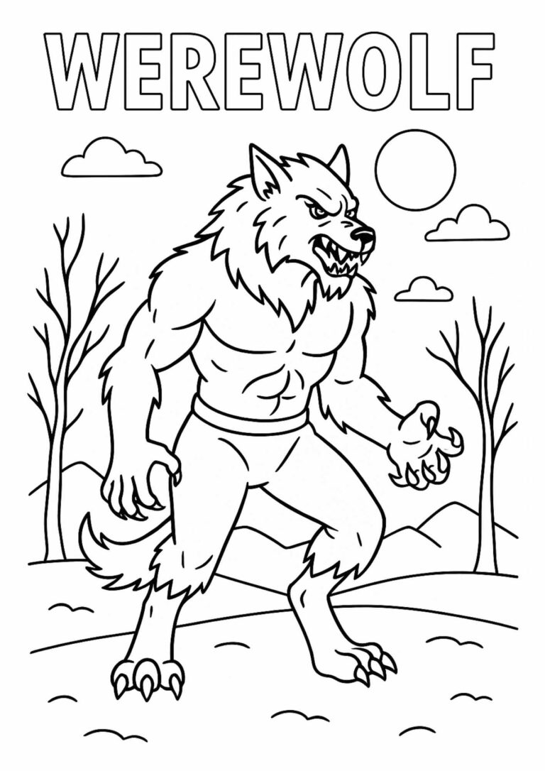 Werewolf Coloring Page – Free Printable Mythical Creature for Kids