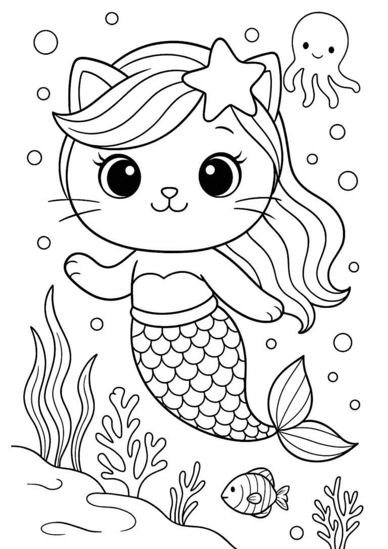 Free Mermaid Cat Coloring Page #2 – Cute Underwater Scene for Kids