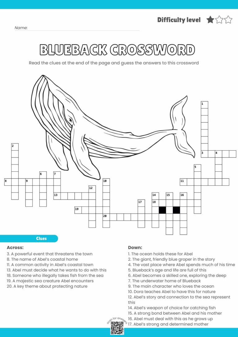 Blueback Crossword Puzzle – Printable Literature Fun