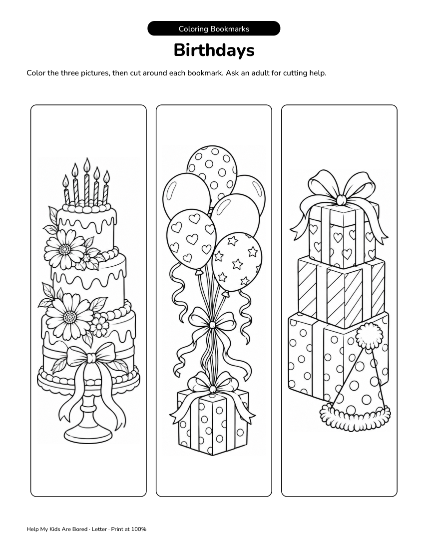 Birthdays Colour-and-Cut Bookmarks | Free Printable