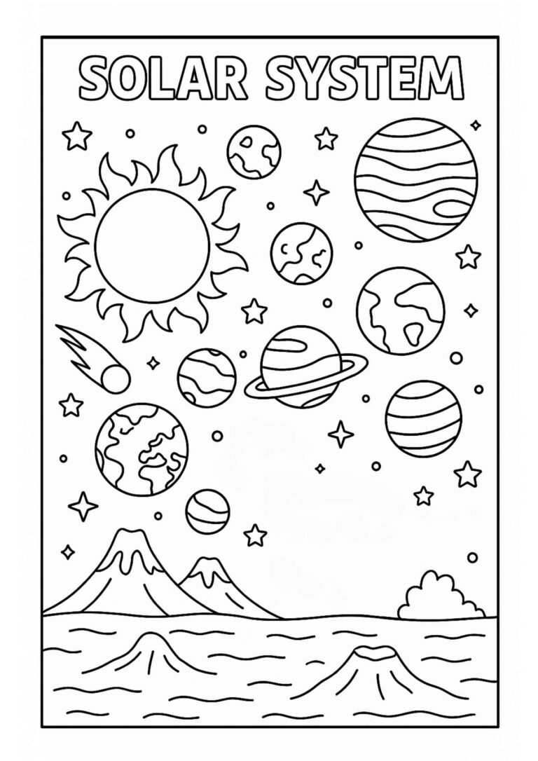 Free Solar System Coloring Page Printable – Planets, Stars & Space Scene for Kids