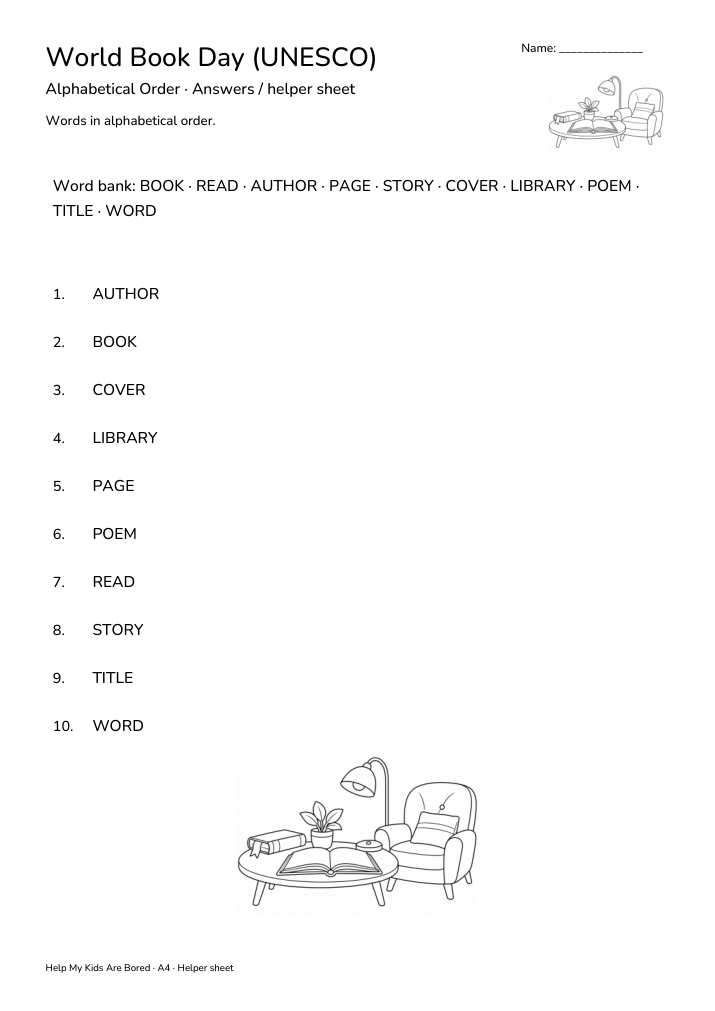 Book Week Letters World Book Day (UNESCO) Alphabetical Order | Free Printable