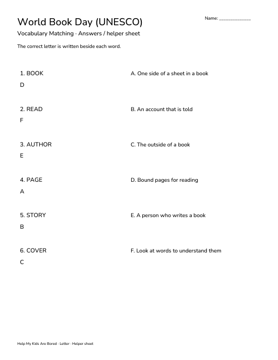 Book Week Letters World Book Day (UNESCO) Vocabulary Matching | Free Printable