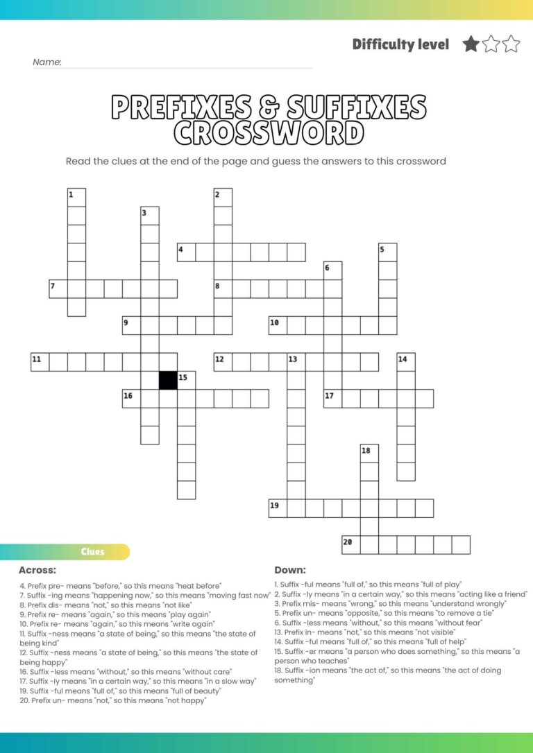 Free Prefixes & Suffixes Crossword Puzzle – Printable Grammar Fun for Kids!