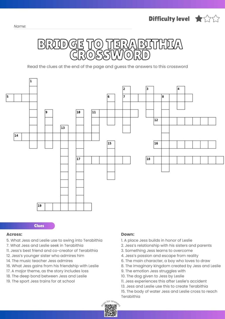 Bridge to Terabithia Crossword Puzzle – Printable Literature Fun