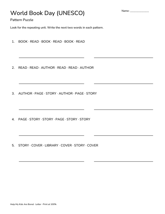 Book Week Letters World Book Day (UNESCO) Pattern Puzzle | Free Printable