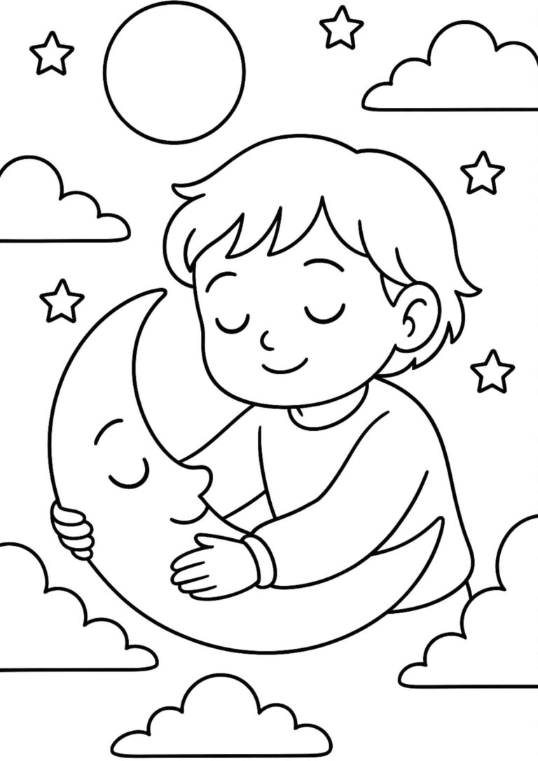 Free Holding the Moon Dreamy Colouring Worksheet for Kids
