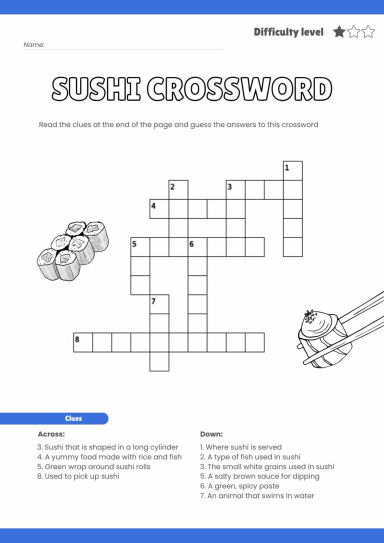 Free Sushi-Themed Crossword Puzzles – Fun Printables for Kids & Adults