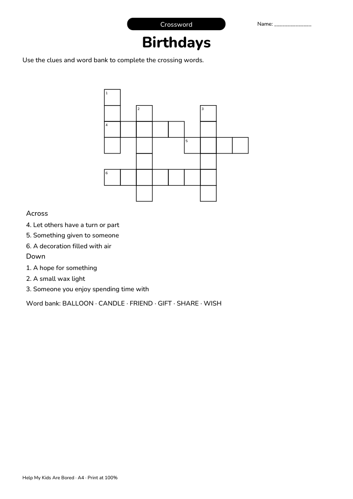 Birthdays Crossword