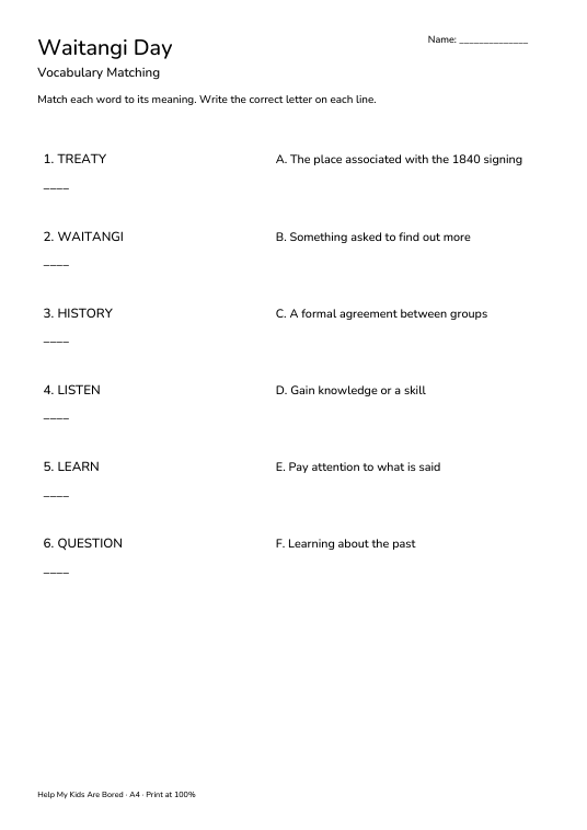 Waitangi Day Vocabulary Matching