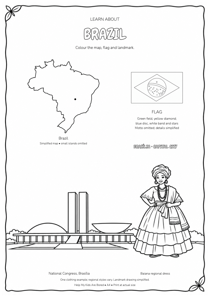 Learn About Brazil — Country Colouring Page