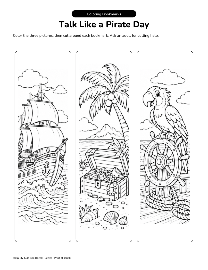 Talk Like a Pirate Day Colour-and-Cut Bookmarks | Free Printable