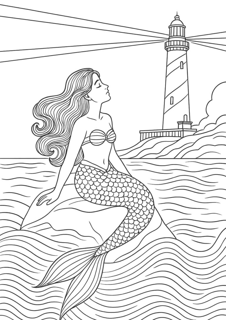 Free Mermaid and Lighthouse Coloring Page – Serene Coastal Scene for Kids & Adults