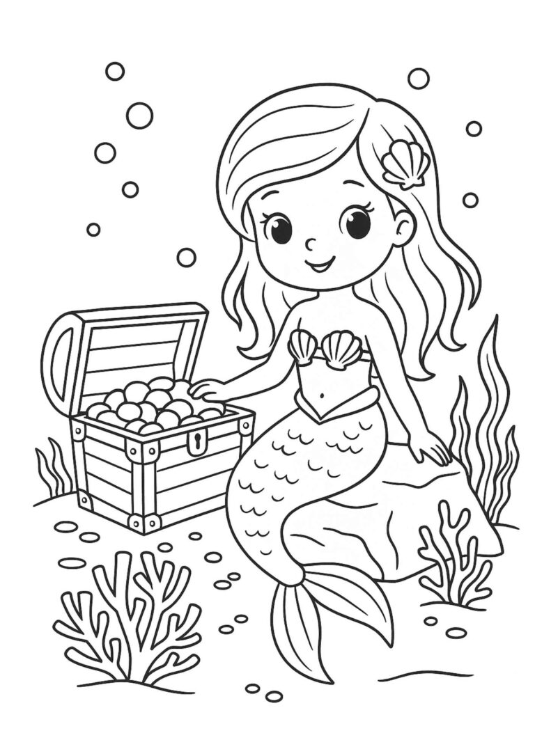 Mermaid with Treasure Chest Coloring Page – Free Printable Under the Sea Activity