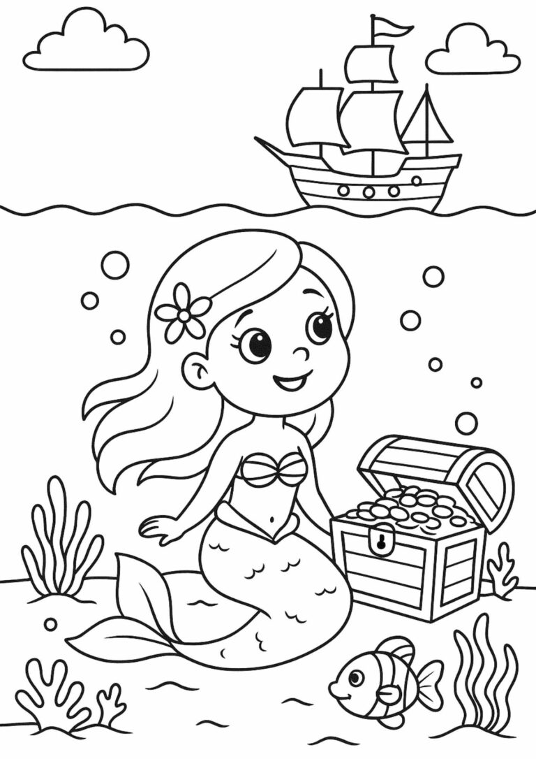Mermaid and Ship Coloring Page – Free Printable Under the Sea Adventure