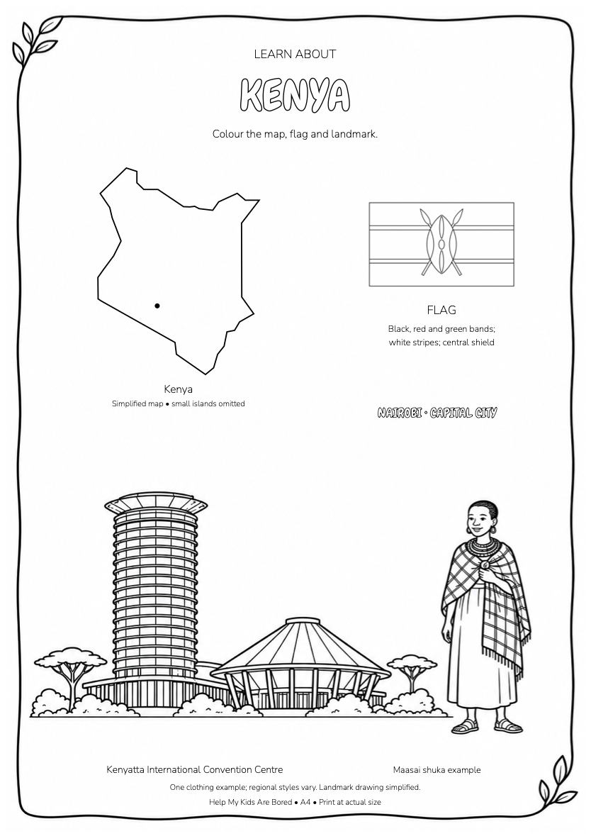 Learn About Kenya — Country Colouring Page