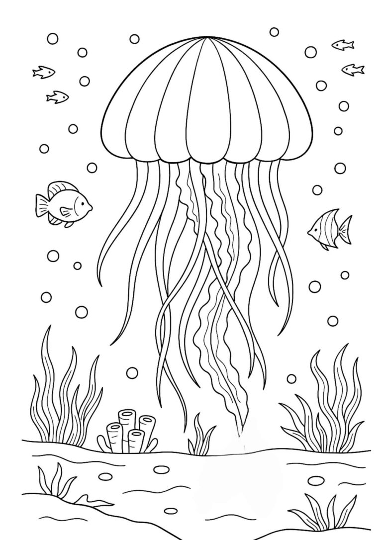 Free Realistic Jellyfish Coloring Page – Beautiful Ocean Scene Printable for Kids