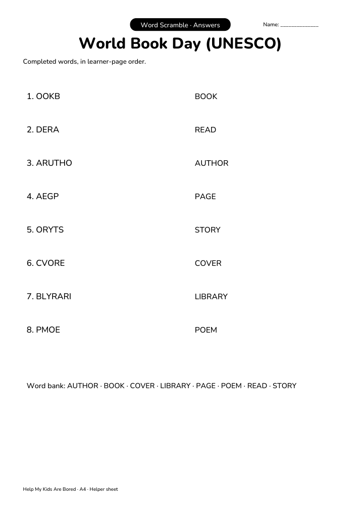 Book Week Letters World Book Day (UNESCO) Word Scramble | Free Printable