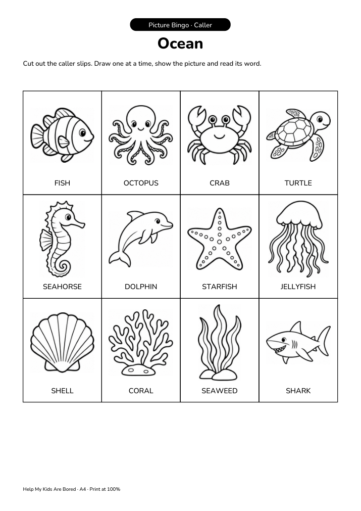 Ocean Picture Bingo Game