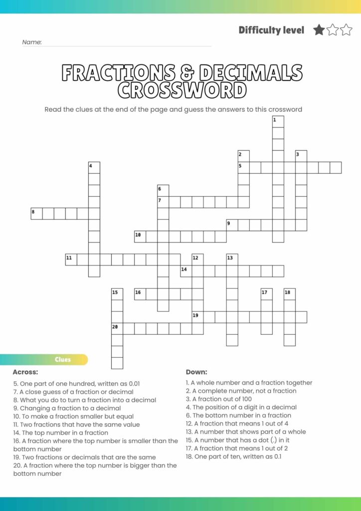 Free Fractions & Decimals Crossword Puzzle – Printable Math Fun!