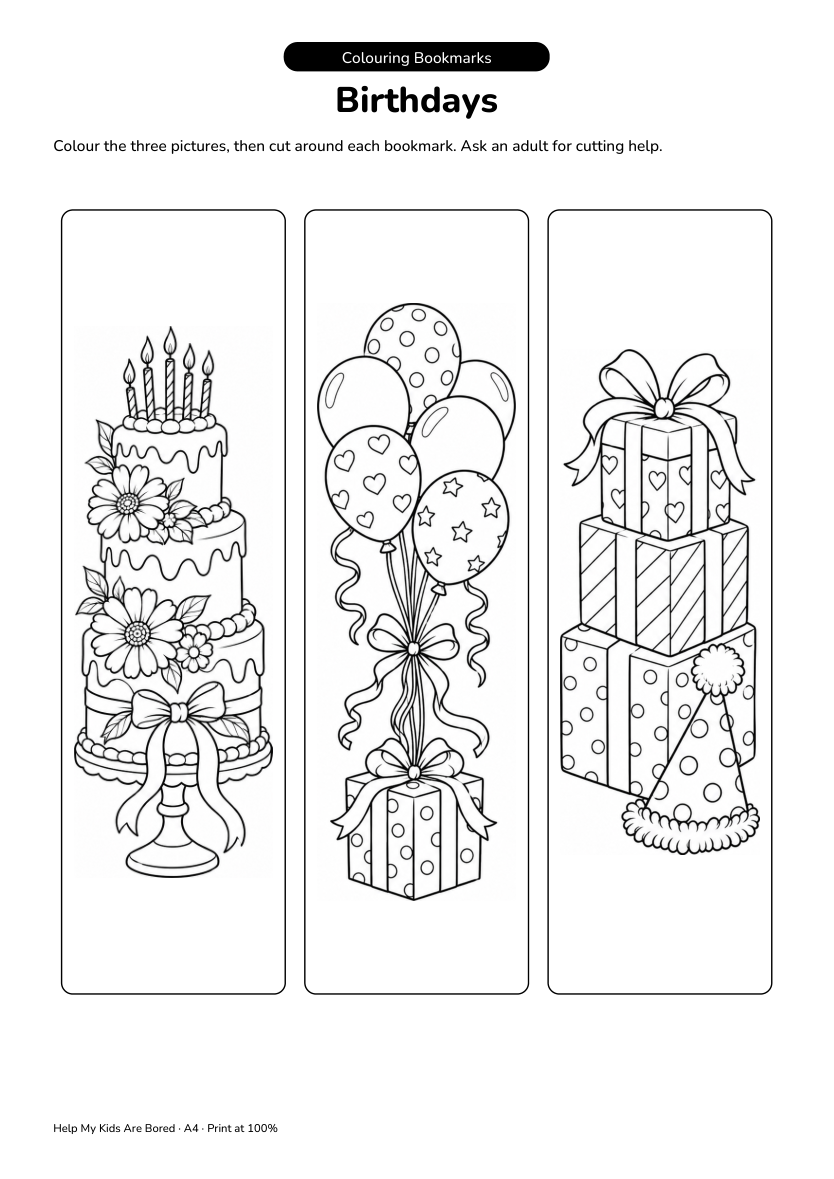 Birthdays Colour-and-Cut Bookmarks