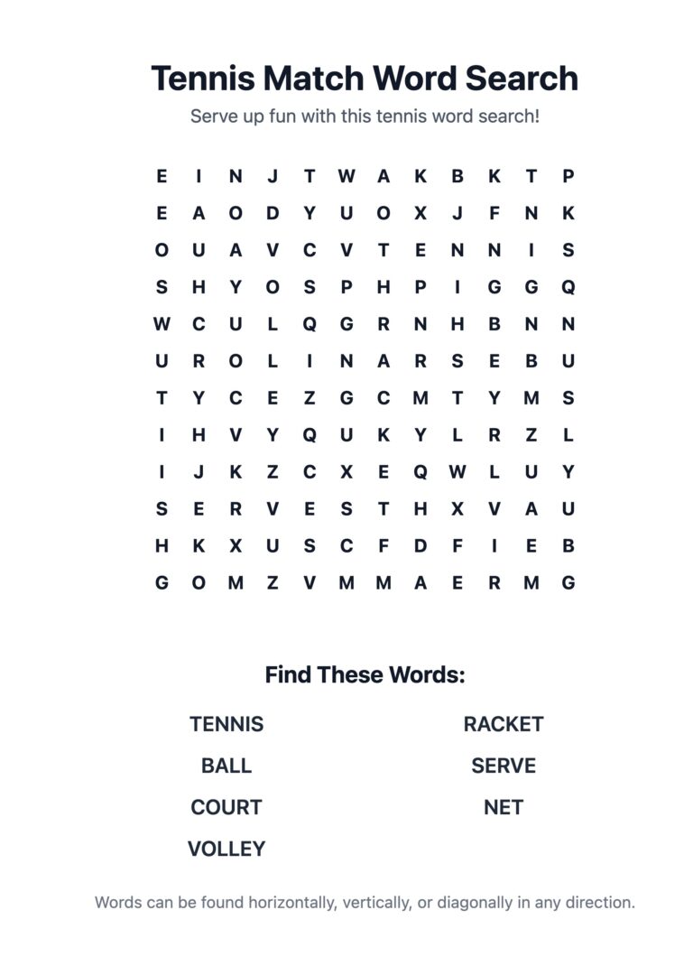 Tennis Match Word Search