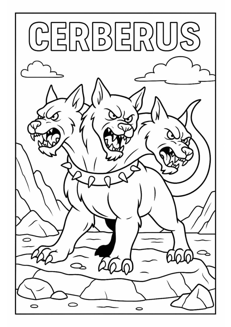 Cerberus Coloring Page – Free Printable Three-Headed Dog from Greek Mythology