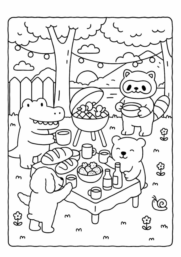 Backyard Animal Barbecue – Cosy Colouring In Page (Free Printable)