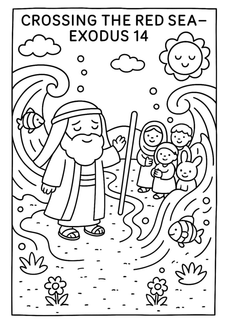 Crossing the Red Sea – Exodus 14 Colouring Page (Free Printable)