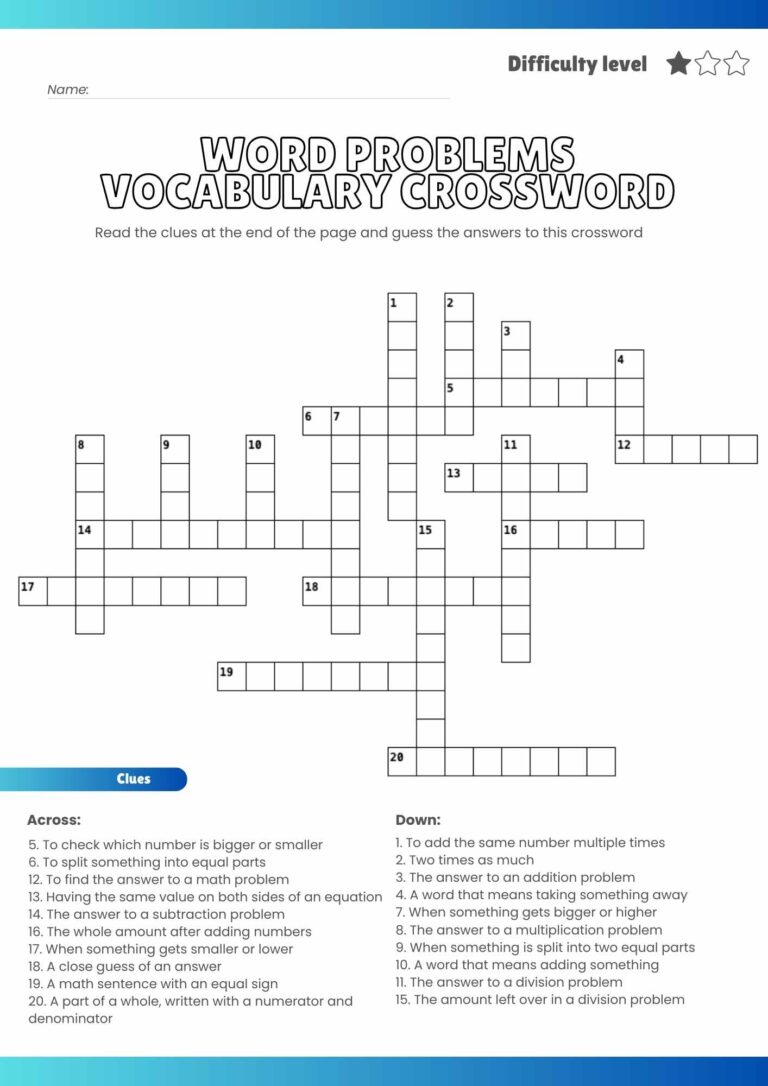 Free Word Problems Vocabulary Crossword Puzzle – Printable Math Fun!