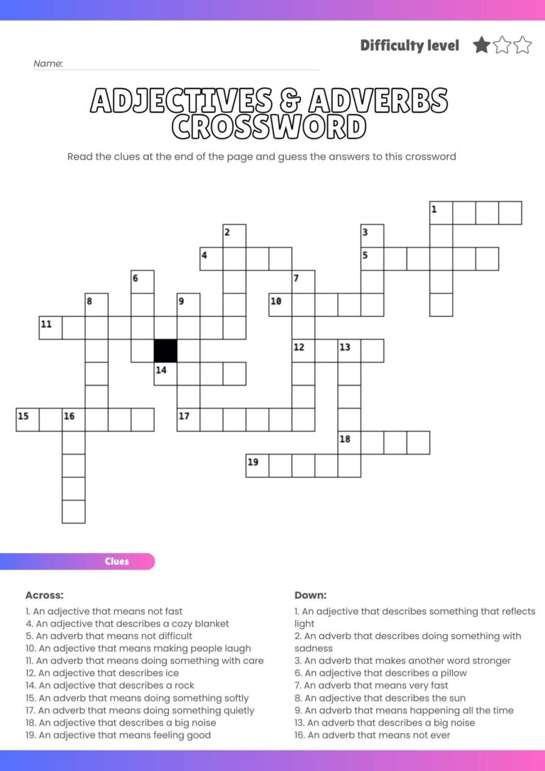 Adjectives & Adverbs Crossword Puzzle – Educational Printable Word Fun for Kids