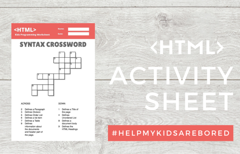 Kids HTML Syntax Crossword Printable Worksheet