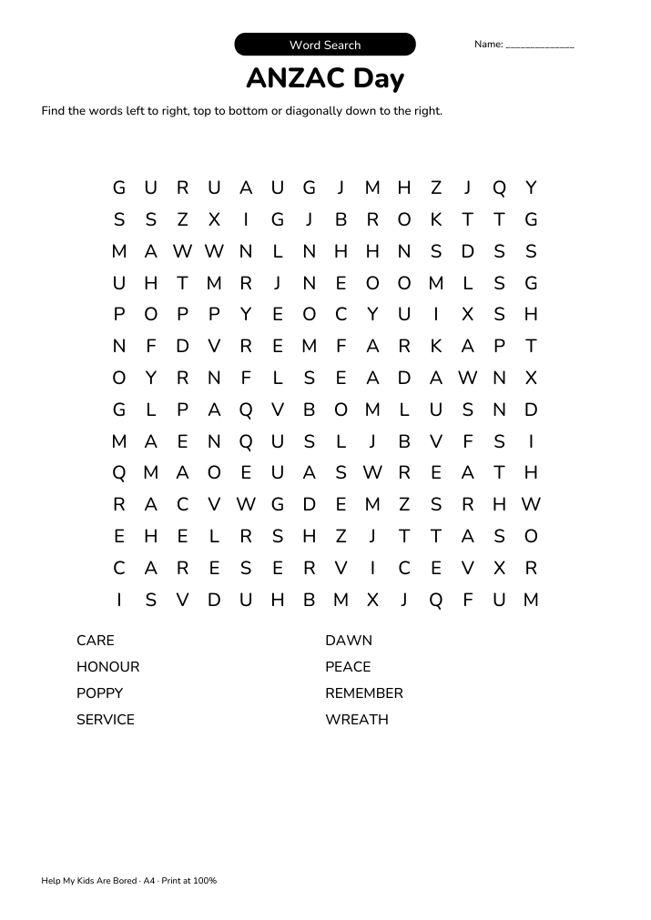 ANZAC Day Word Search