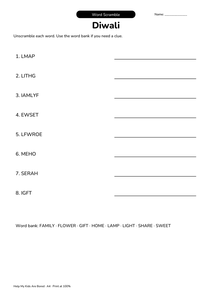 Diwali Word Scramble