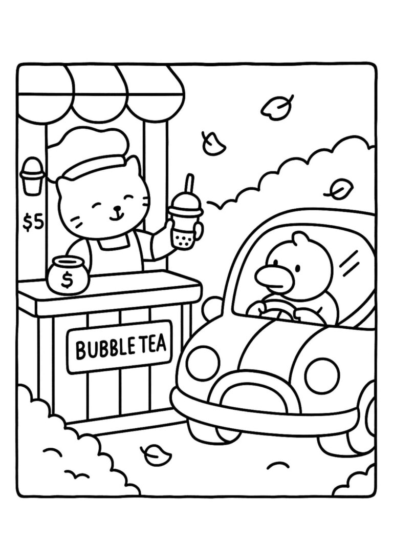 Milk Tea Drive-Thru – Cosy Colouring In Page (Free Printable)
