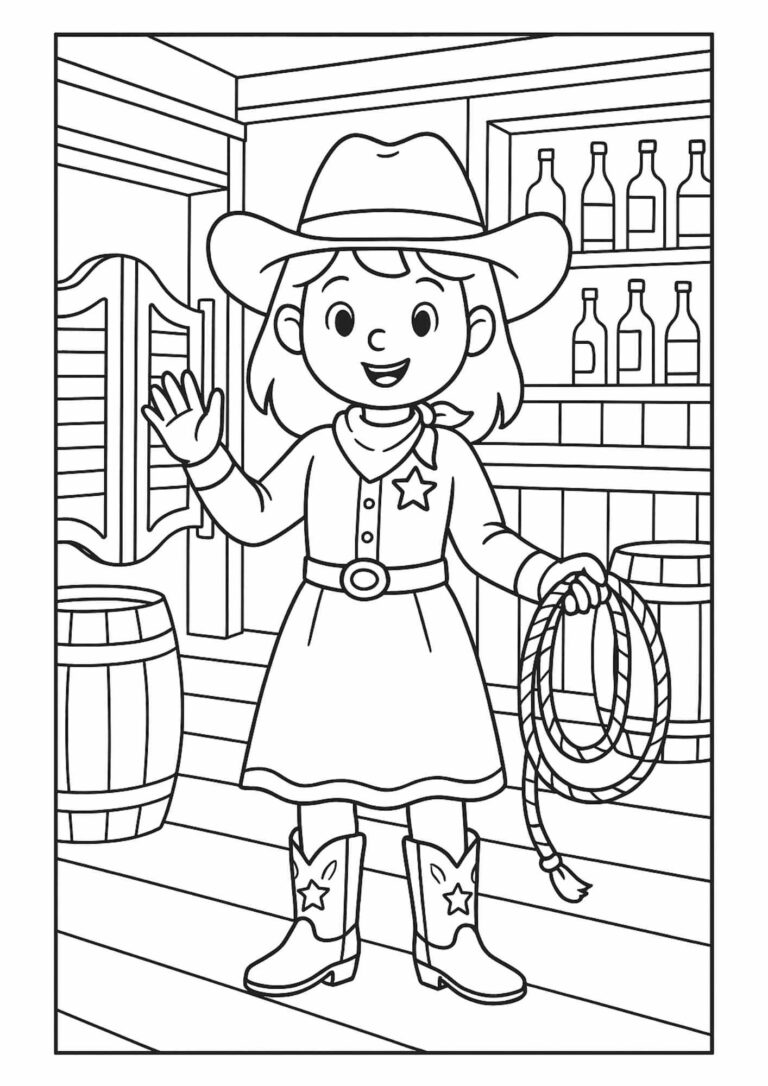Howdy Partner! Free Cowgirl in a Saloon Coloring Page for Kids
