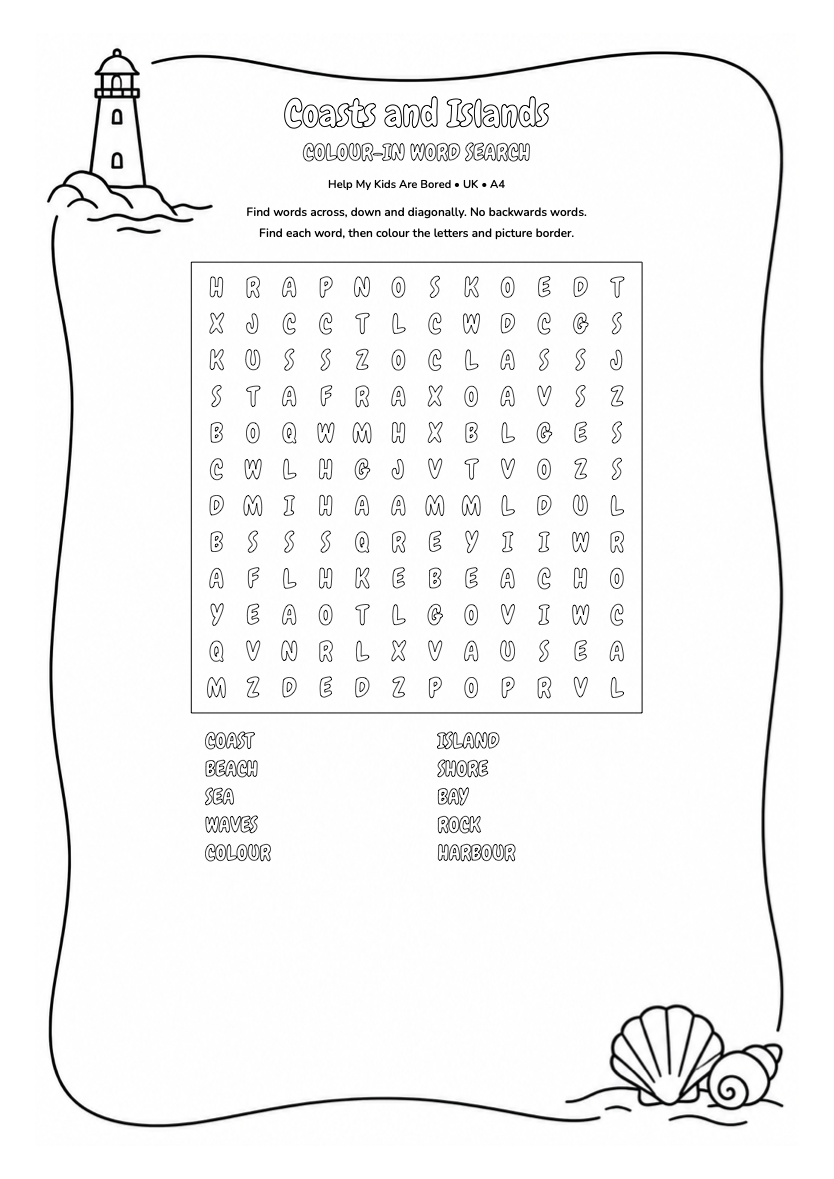 Coasts and Islands — Geography Colour-In Word Search