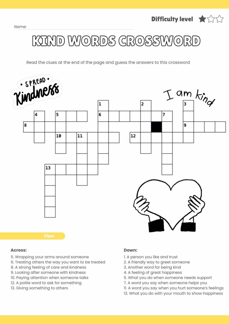 Free Kind Words Crossword Puzzle – Printable Activity for Kids!
