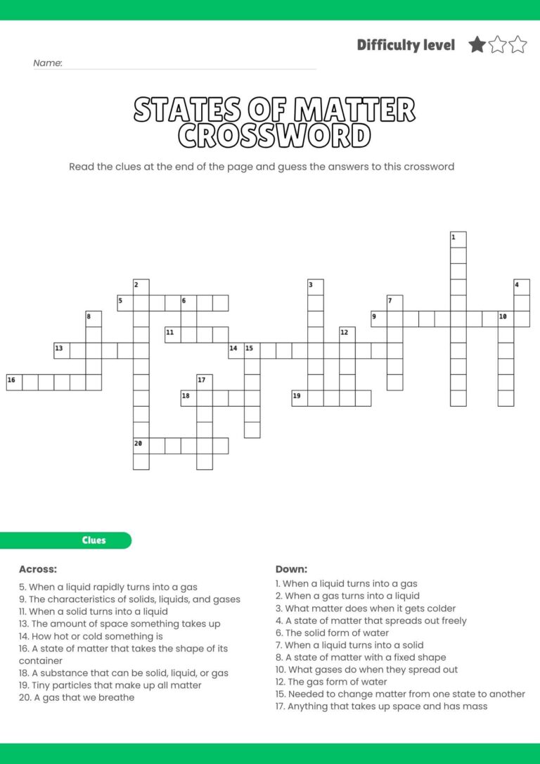 Free States of Matter Crossword Puzzle – Printable Science Learning Fun