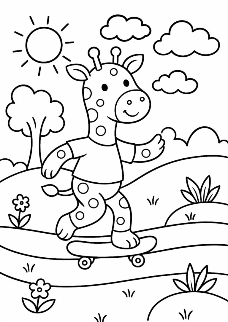 Giraffe on a Skateboard – Cosy Colouring In Page (Free Printable)