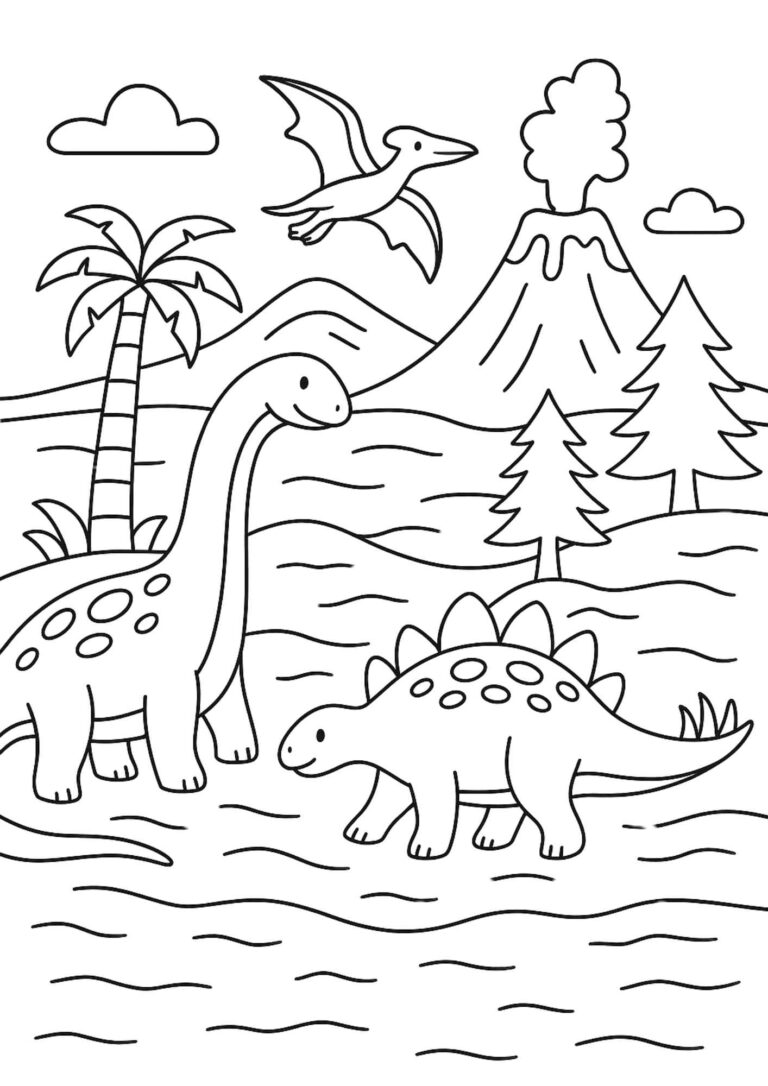 Free Prehistoric Scene Coloring Page Featuring Dinosaurs, Volcanoes & Jurassic Landscape