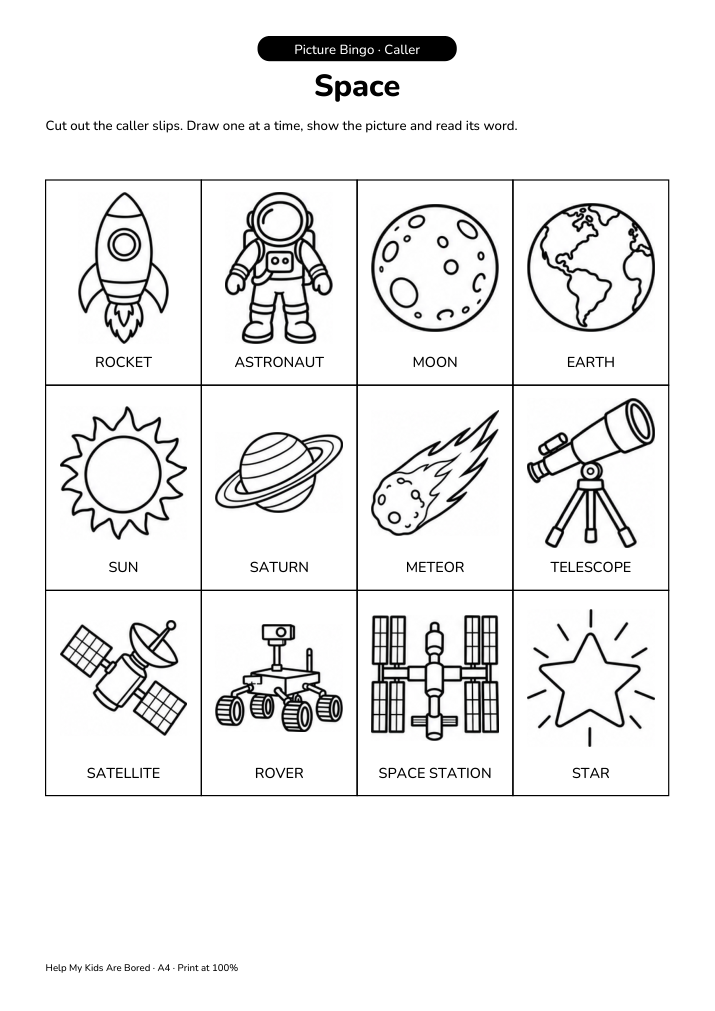 Space Picture Bingo Game