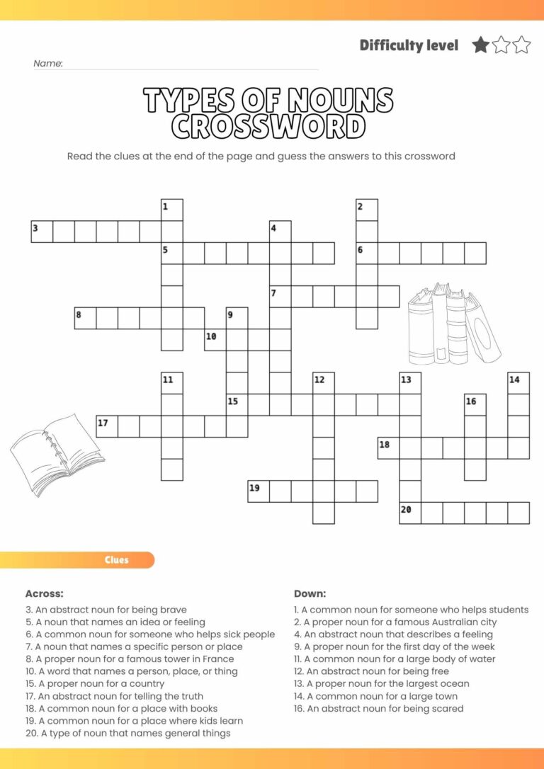 Free Types of Nouns Crossword Puzzle – Fun Printable for Kids & Students