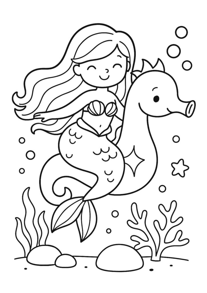 Free Mermaid Riding a Seahorse Coloring Page – Magical Underwater Printable for Kids