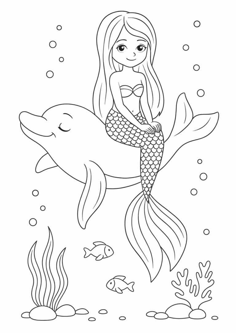 Free Mermaid Riding a Dolphin Coloring Page – Underwater Printable Fun for Kids