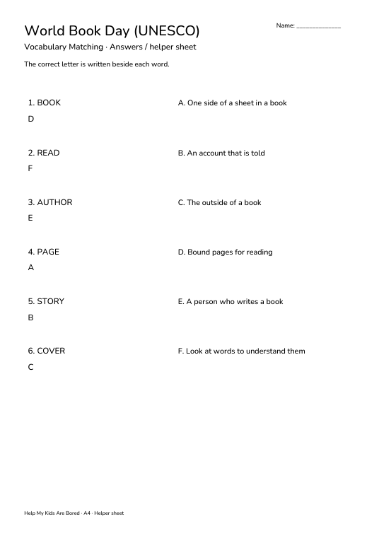 Book Week Letters World Book Day (UNESCO) Vocabulary Matching | Free Printable