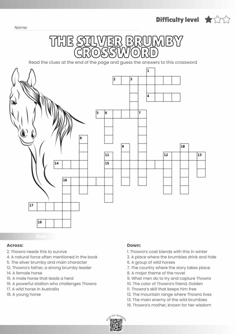 The Silver Brumby Crossword Puzzle – Printable Literature Fun