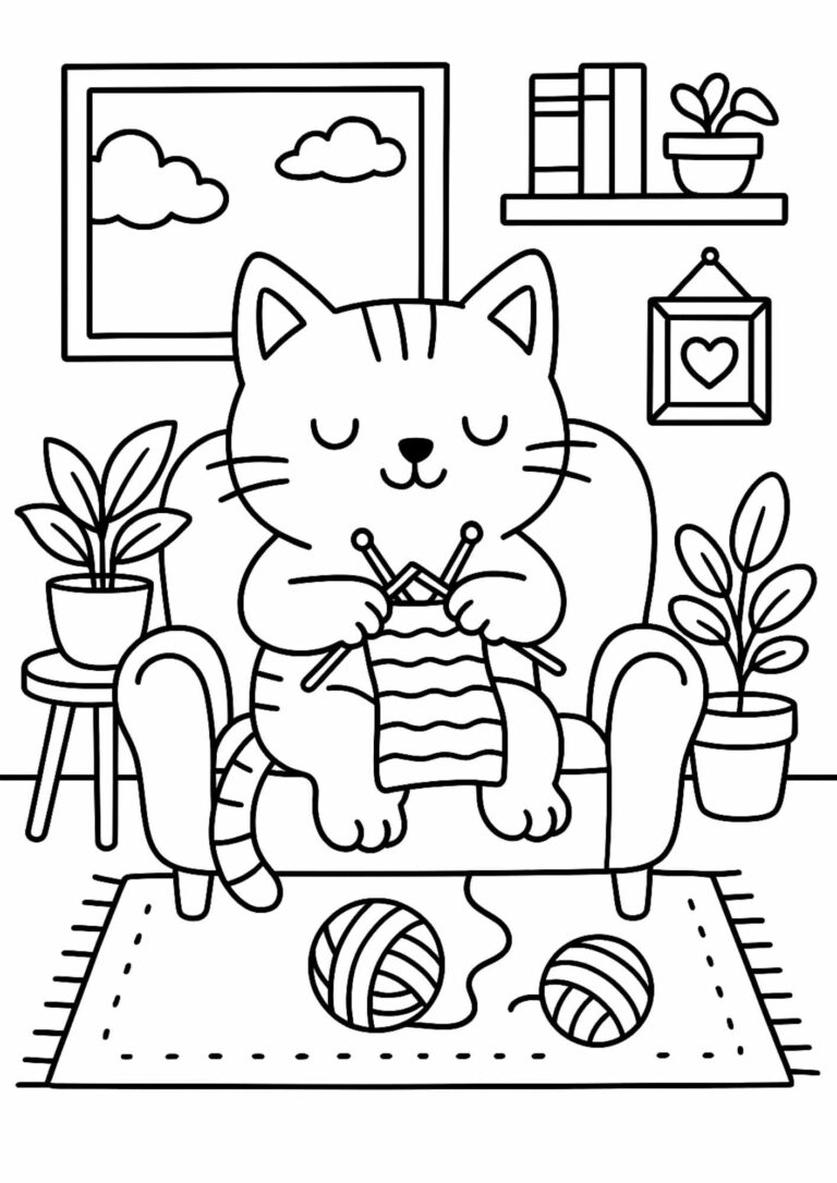 Cat Knitting – Cosy Colouring In Page (Free Printable)