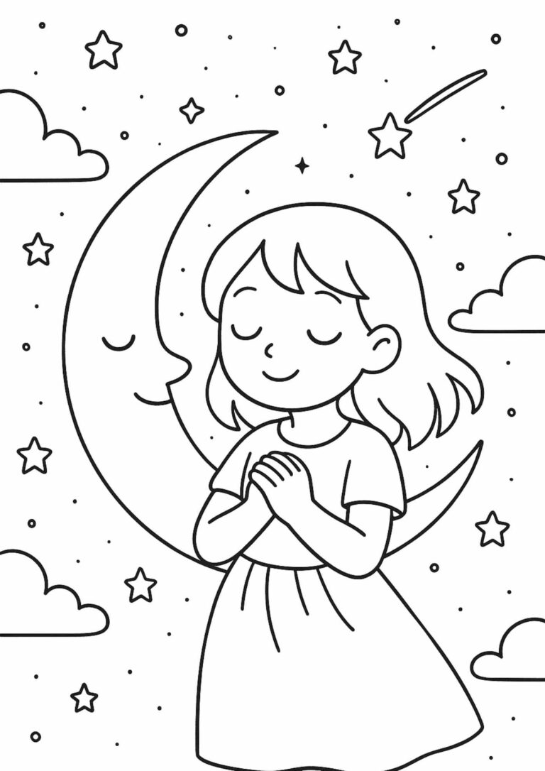 Free Girl & Moon Colouring Worksheet for Kids