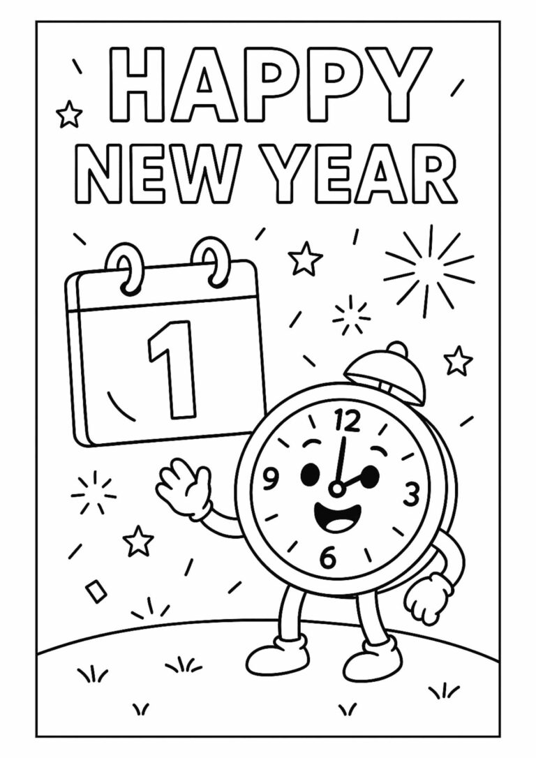 Happy New Year – Free Coloring Page with Calendar & Clock (Printable!)